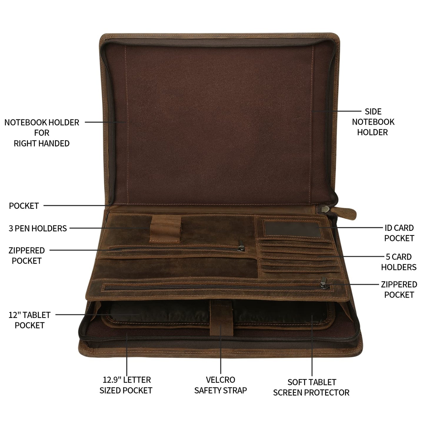 Ringsun Leather Portfolio Organizer with Zipper for Men Women, Leather Padfolio Business Resume Legal Pad Portfolio Notebook Binder for A4/Pad, Brown