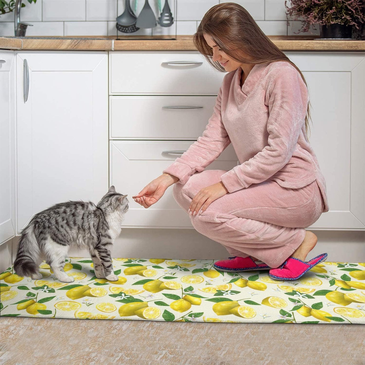 Ghroiep 2 Piece Lemon Kitchen Decor Rugs Set, Farmhouse Country Kitchen Rugs and Mats Non Skid Washable Absorbent Microfiber Kitchen Accessories Decoration Floor Mats 17"x47"+17"x30"