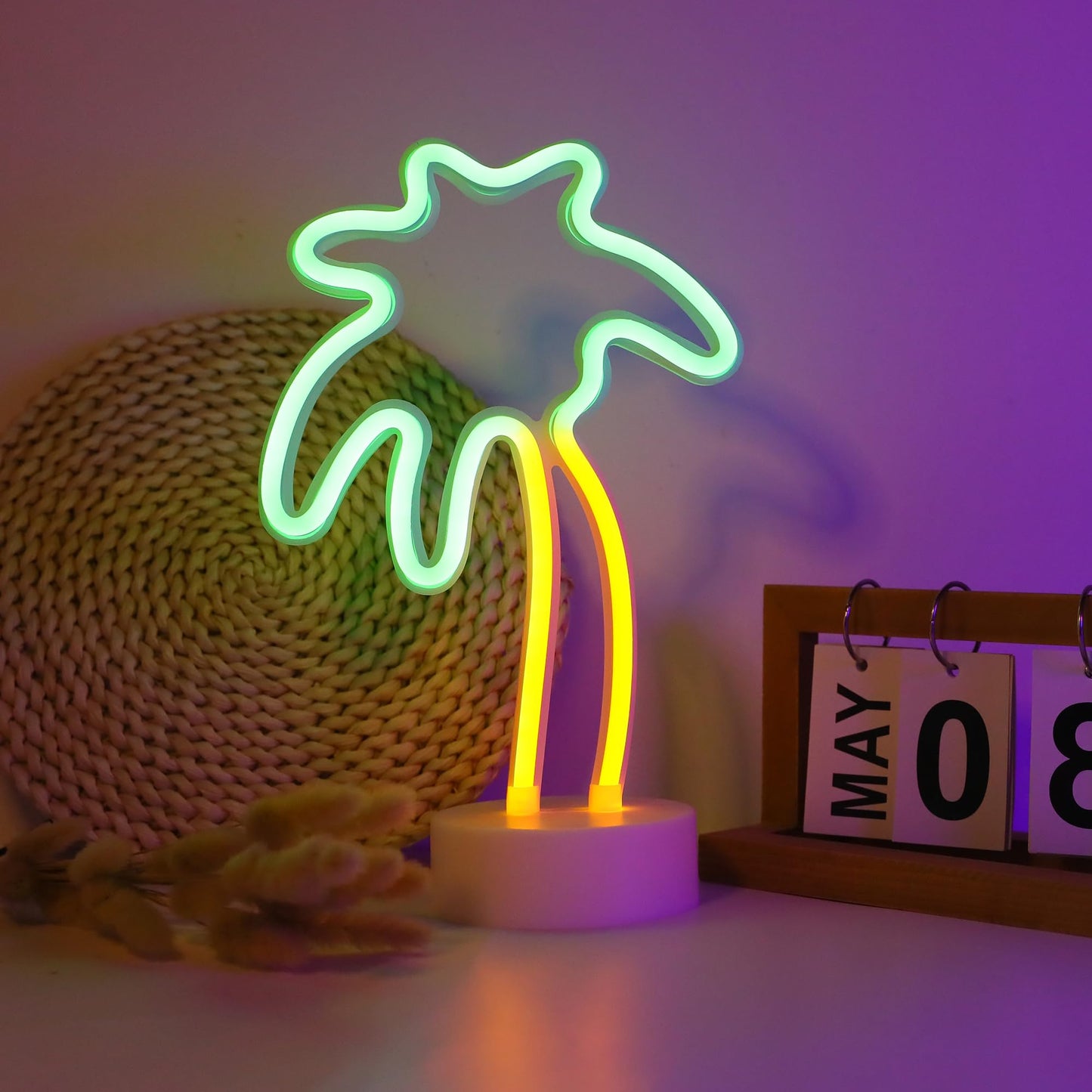 ENUOLI Coconut Palm tree Neon Signs LED Battery Operated USB Powered Neon Light with Holder Base for Party Supplies Girls Room Decoration Accessory for Luau Summer Party Children Kids Gifts
