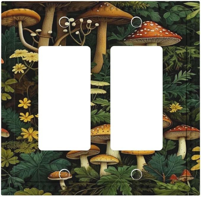 Mushrooms Forest Nature Botanical Art Dual Outlet Covers Wall Plate 2 Gang Rocker Decora Decorative Switchplate Electrical Faceplate GFCI Light Switch Covers for Farmhouse Living Decor