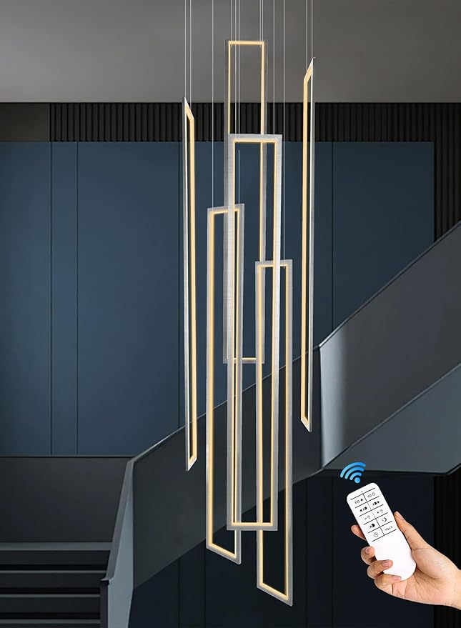 Flashing God Large Modern Chandeliers, Silver with 6 Ring Led Foyer High Ceiling Chandelier for Living Room, Rectangle for Entryway Staircase LED Dimming 2700k-6001k
