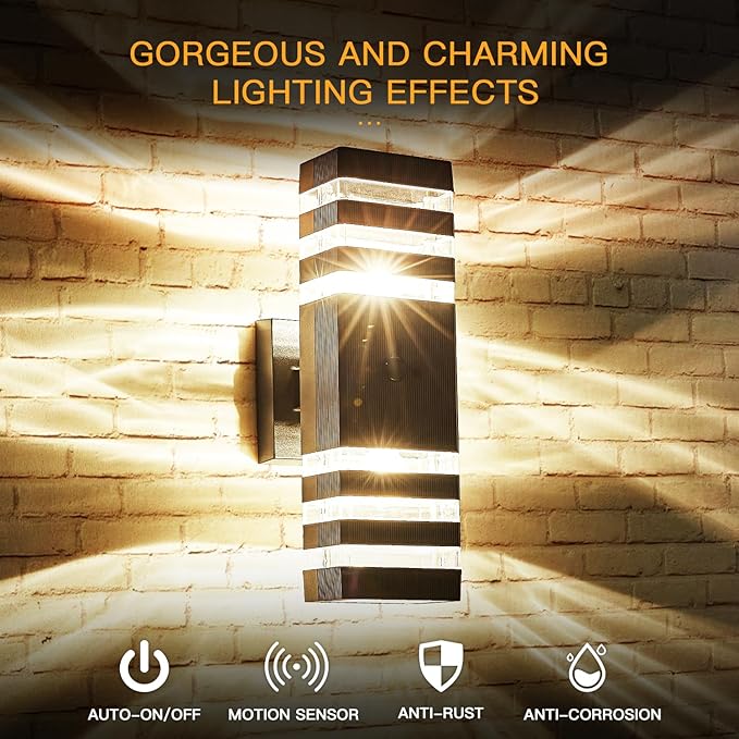 Motion Sensor Outdoor Wall Light Fixture Up Down Porch Lights Modern Dusk to Dawn Exterior Sconce Wall Mount Outside Coach Lantern for House Front Door Garage (Include 2 Free Dimmable Bulbs)
