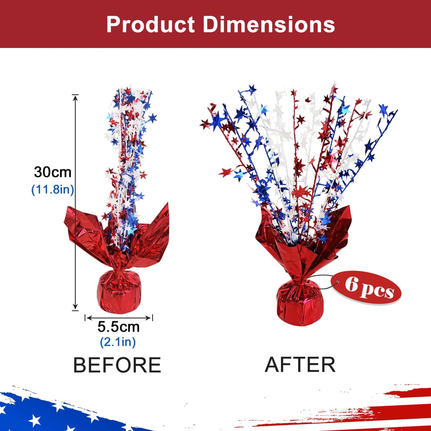 6pcs 4th of July Table Centerpiece Decoration Patriotic Metallic Foil Spray Star Burst Decoration for Independence Day 250th Anniversary Memorial Labor Veteran Day Red White Blue
