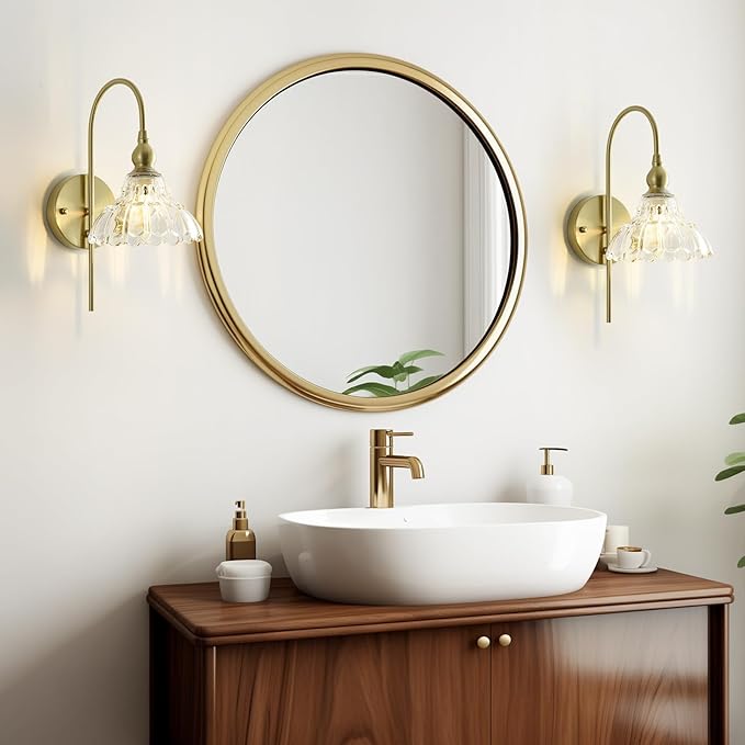 Vintage Wall Sconces with Clear Flower Glass Lampshade, Indoor Bath-Room Wall Sconce, Modern Gold Industrial Lighting Fixture for Mirror Living Room Hallway 1 Pack