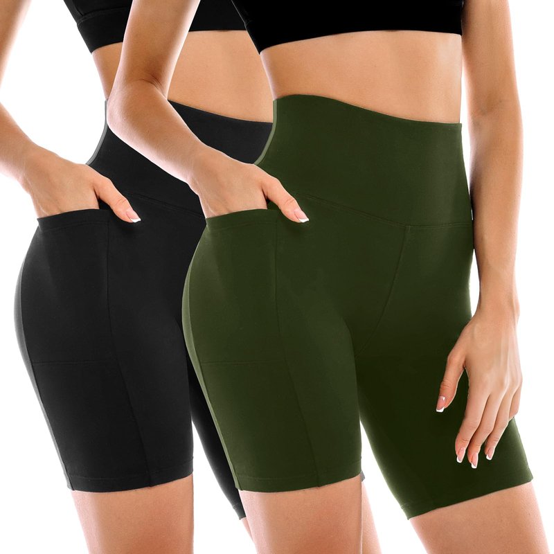 Leafigure 2 Pack Womens Biker Shorts with Pockets, High Waisted Tummy Control Yoga Shorts for Women Running Gym and Workout Black/Green XXL