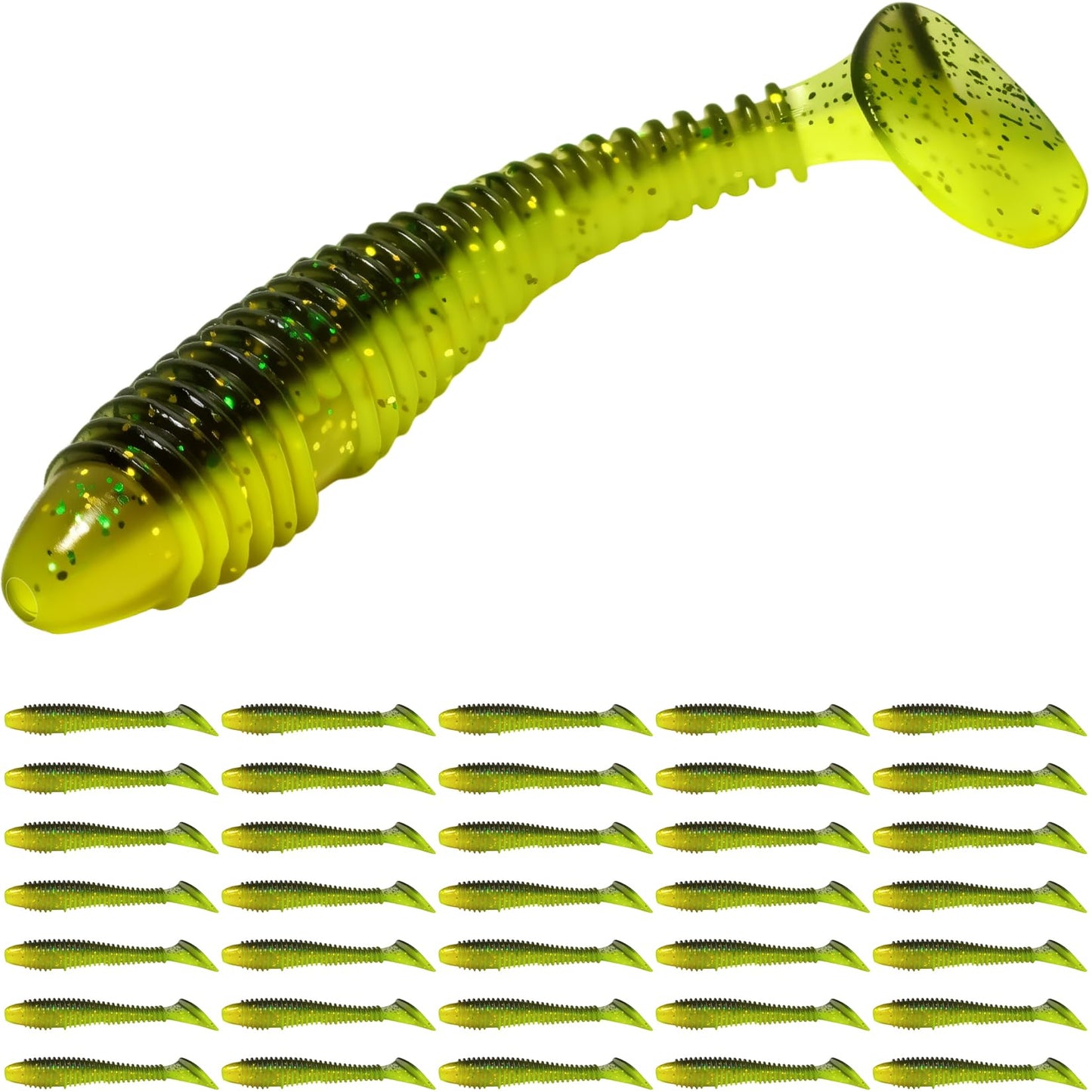 Pristis 35 pcs Paddle Tail Swimbaits, 3 inchs Fishing Soft Lures for Bass Crappie Walleye Trout, Durable Plastic Sinking Bait Swimmer Kit for Saltwater Freshwater Texas Carolina Fitness Rig, Bluegill