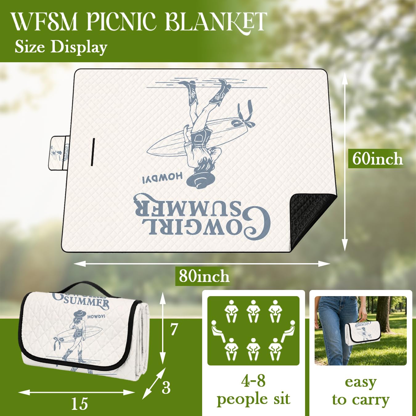 WFSM Cowgirl Gifts Picnic Mat 80x60 Inch, Summer Coastal Cowgirl Aesthetic Outdoor Play Mat for Adults and Toddlers Waterproof Sandproof Beach Blanket Travel Camping Rug