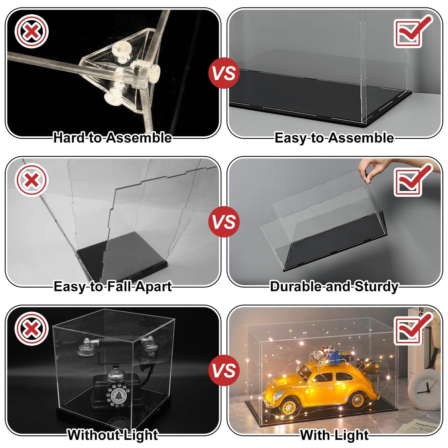 LANSCOERY Acrylic Display Case, 10x5x4 in, Upgraded Thickened UV-Resistant Showcase, 98% Clarity Dustproof Box with Glossy Black Base for Action Figures, LEGO & Models, Includes Scraper & LED Light