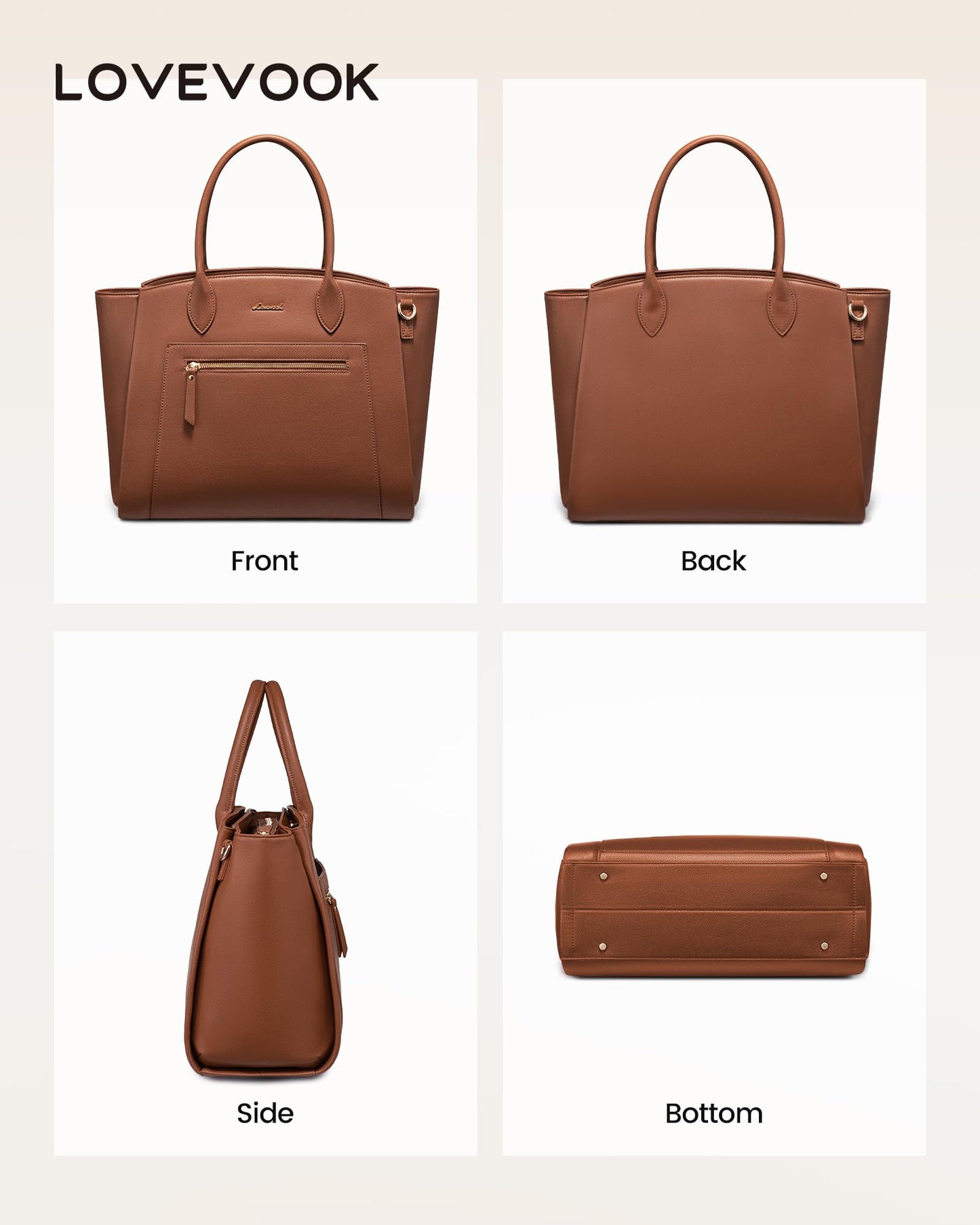 LOVEVOOK Laptop Tote Bag for Women, 15.6 Inch Large Capacity Work Bags Briefcase Purse with Multiple Pockets & Large Bottle Holder, Vegan Leather Business Office Computer Bag for Teacher, Pebble