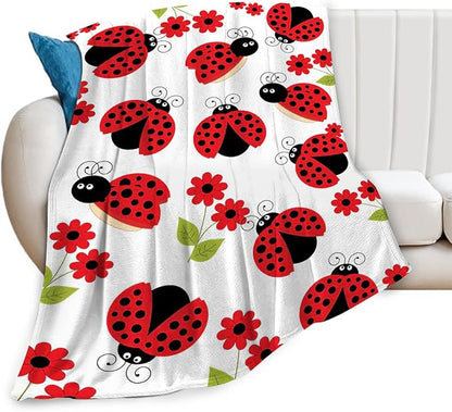 Ladybug Blanket, Lady Bug Cartoon Throw Blankets, Flower Green Leaves Fuzzy Plush Blanket Ultra Soft for Animal Lover Gift Kids Teens Women Men Girls Boys Stuff Decor for Bedding Sofas Couchh 80"X60"