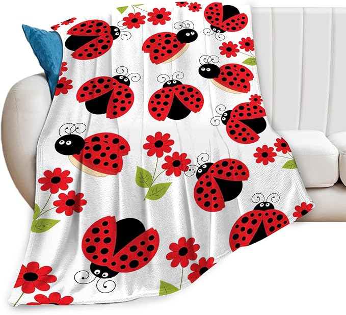 Ladybug Blanket, Lady Bug Cartoon Throw Blankets, Flower Green Leaves Fuzzy Plush Blanket Ultra Soft for Animal Lover Gift Kids Teens Women Men Girls Boys Stuff Decor for Bedding Sofas Couch 50"X40"