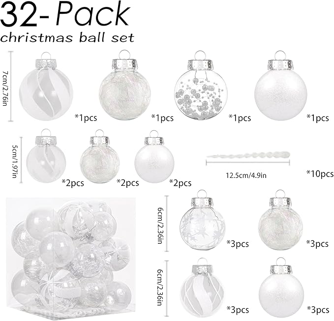 XmasExp 32ct Christmas Ball Ornaments Set -White Clear Plastic Shatterproof Xmas Tree Ball Decorations Hanging Baubles for Holiday Decor