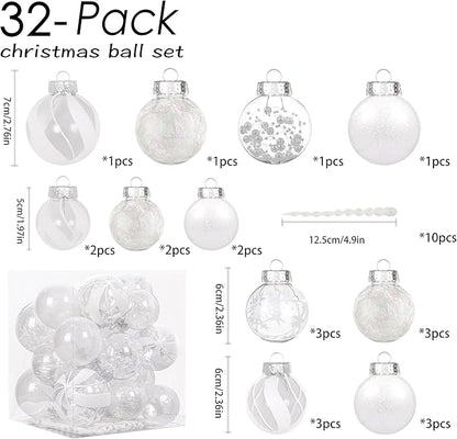 XmasExp 32ct Christmas Ball Ornaments Set -White Clear Plastic Shatterproof Xmas Tree Ball Decorations Hanging Baubles for Holiday Decor