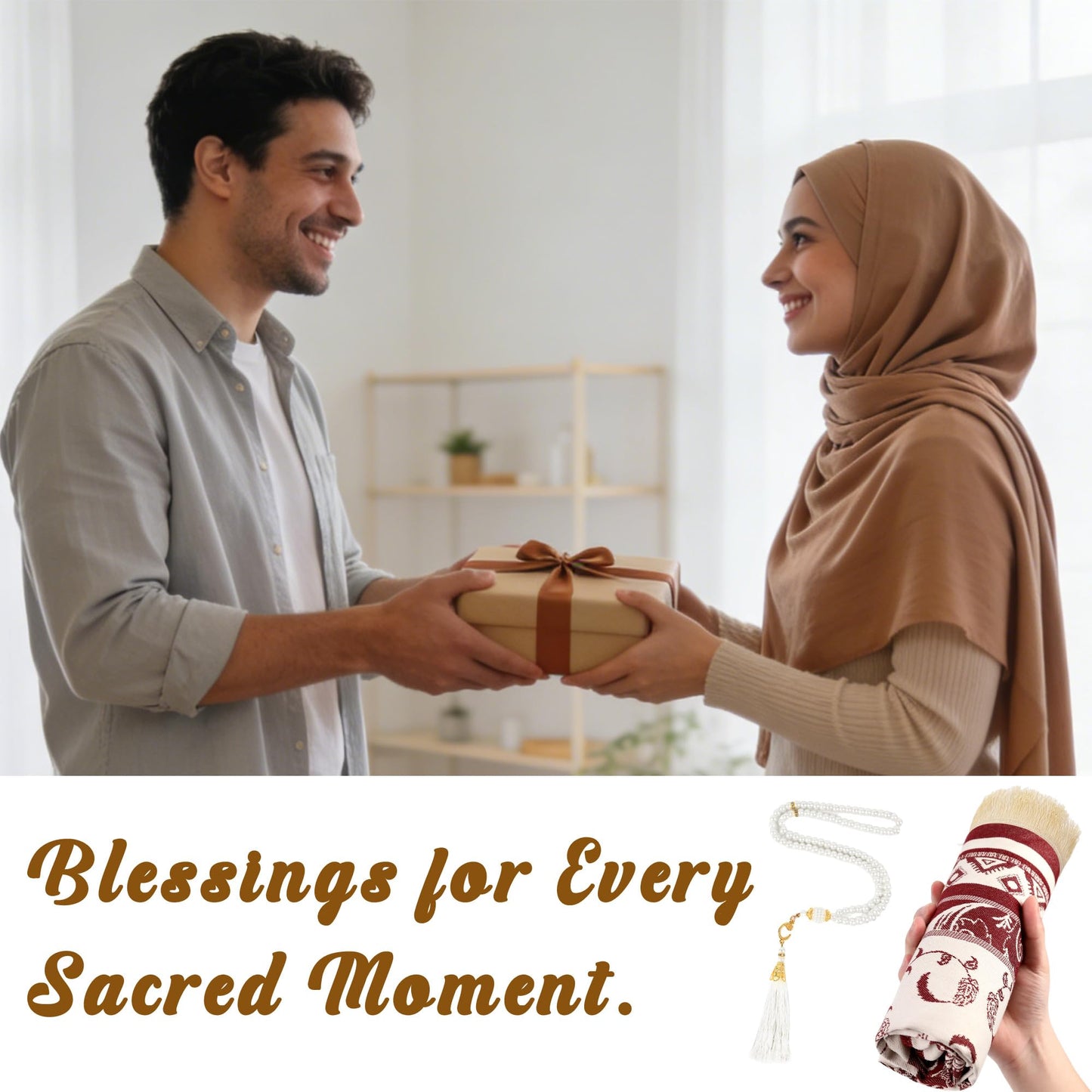 Islamic Prayer Rug Set, Muslim Prayer Mat with Mihrab Arch Floral Red Design and White Beaded Tasbih with Tassel, Thin Janamaz for Ramadan Eid Home Travel, Gift for Women Men (43" x 28")