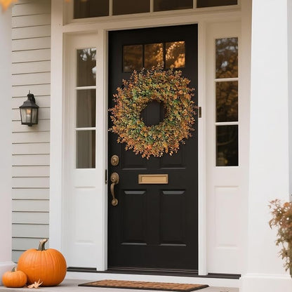26" Fall Wreath for Front Door, Porch, Window - Large Artificial Boxwood Leaves Outdoor Wreath for Home, Farmhouse Harvest Festival Thanksgiving Day Autumn Decor