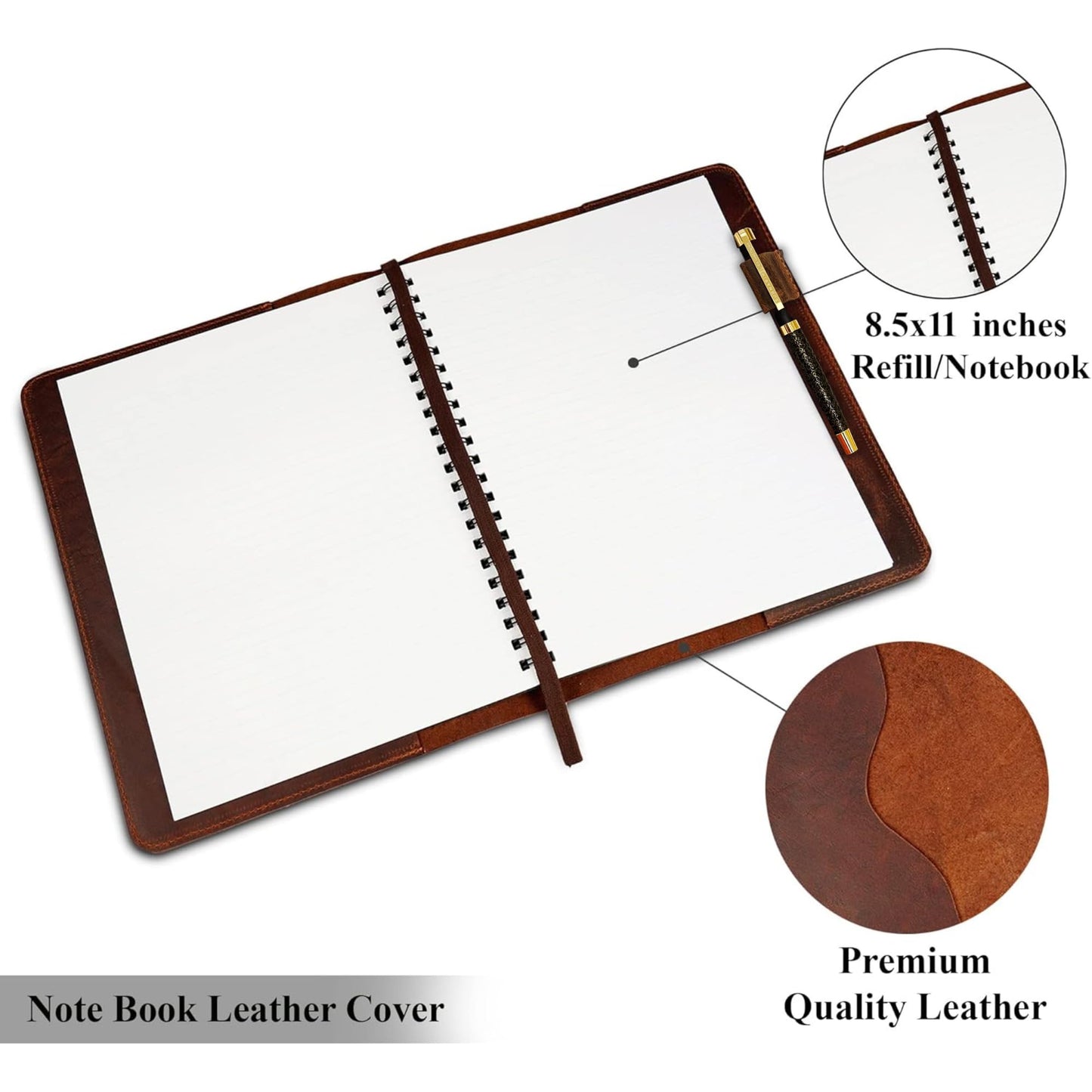 CestAntiQ, Heavy Duty Full Grain Leather Journal Cover (8.5 x 11 in.), Refillable Cahier XXL, Refillable Spiral Notebook (8.5 x 11 in.), Handmade Leather Journal Cover (Brown)