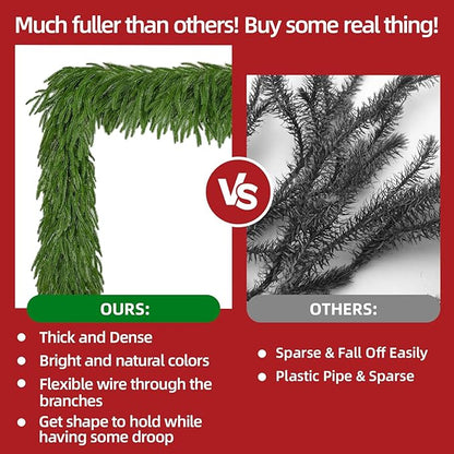 9 Ft 2 Pcs Norfolk Pine Christmas Garland - Artificial Faux Pine Needles Real Touch Winter Garland - Indoor/Outdoor Holiday Greenery Garlands for Fireplace Mantle, Staircase, Window Decor