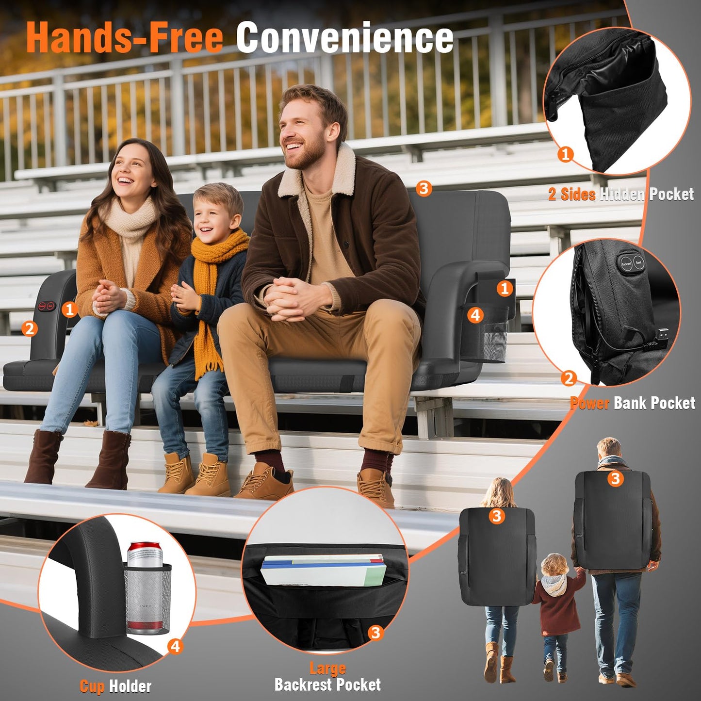 Suteck 2 pcs Dual-Sided Heated Stadium Seats for Bleachers with Back Support, 25" Portable Heated Bleacher Seat with Backrest, 3 Heat Levels, 5 Pockets – Ideal for Outdoor Stadiums and Events - Black