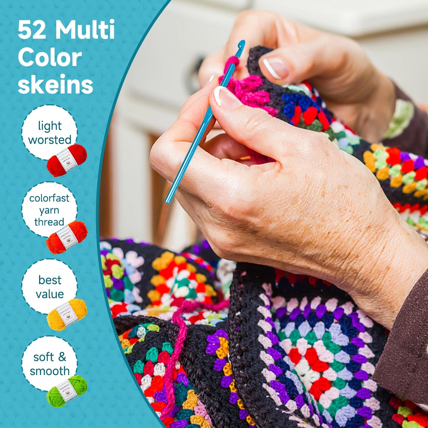 Inscraft 52 Acrylic Yarn Skeins, 1820 Yards 52 Colors, 2 Crochet Hooks, 2 Weaving Needles, 10 Stitch Markers, 1 Bag, for Crocheting & Knitting, Gift Beginners and Adults