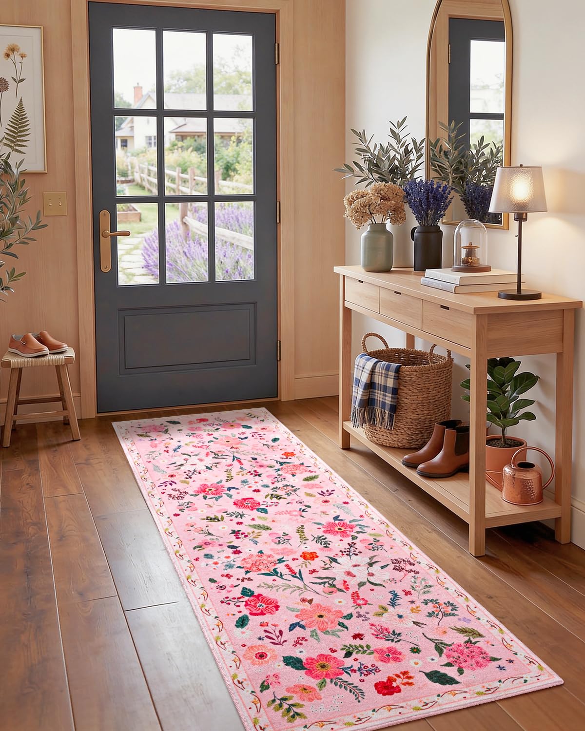 Macgace Pink Floral Runner Rug, 2x6 Flowers Printed Washable Rugs with Non Slip Backing for Girls Bedroom Kitchen Hallway, Cute Carpet Runners Home Aesthetic Decor