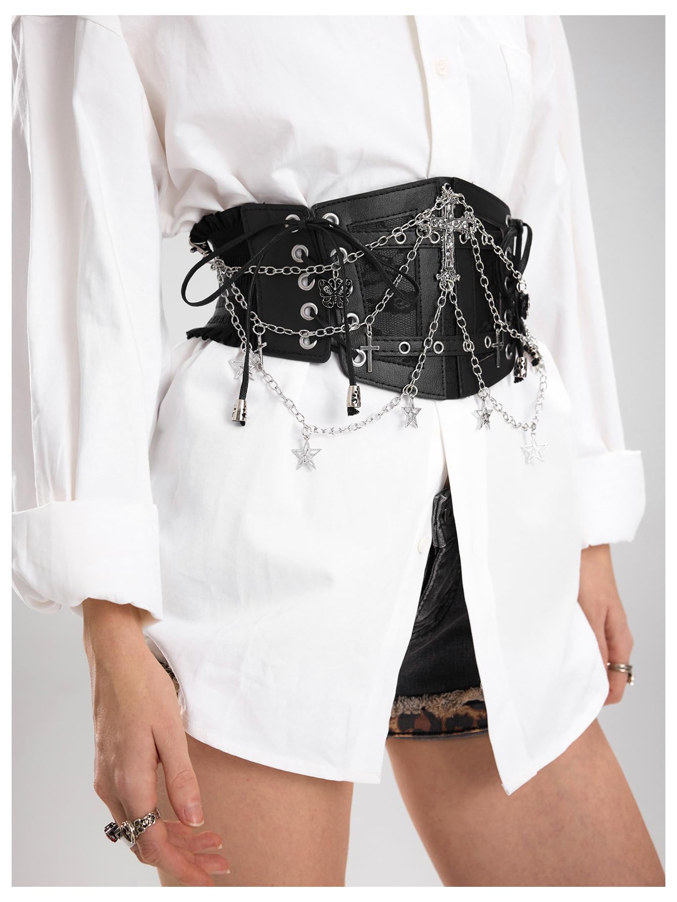 WDIRARA Women's Faux Leather Corset Belt Chain Goth Punk Cross Lace Up Side Elastic Waist Corset Black Large
