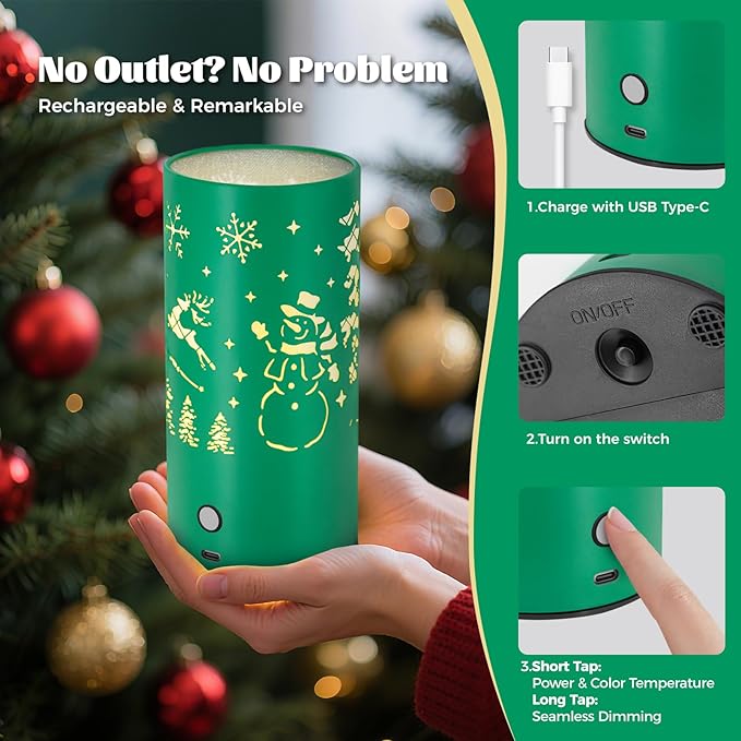 Christmas Table Lamp with Hollow-Out Design - Rechargeable Touch Control Dual Color LED, Warm/Cool White Metal Decor for Home Desk Party, 1200mAh Battery(Greed)