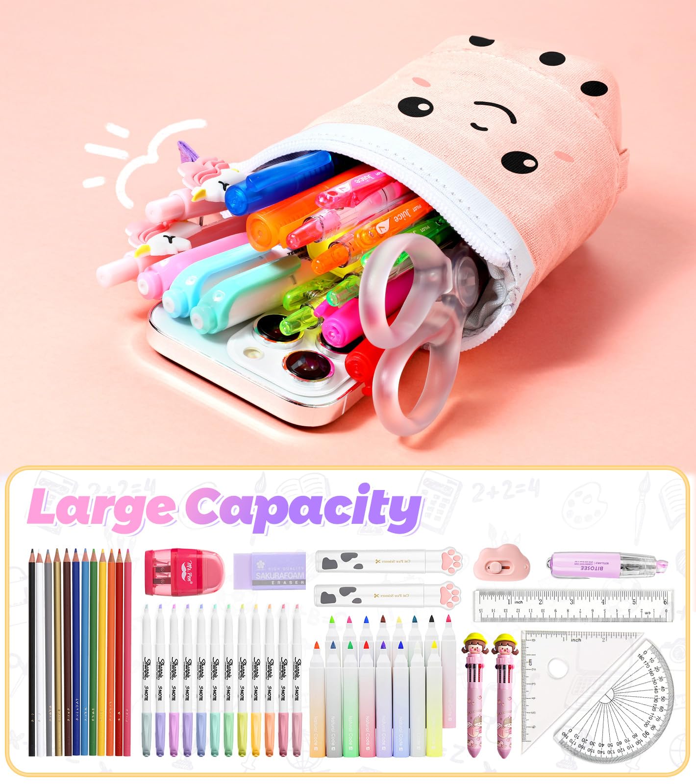 LISEVO Cute Pencil Case for Girls, 9 in 1 Set Boba Standing Up Pencil Bag Pouch Holder for Students Teens, Japanese Back to School Supplies Stationary Bags Set, Pen Holder Box Choice for Girls