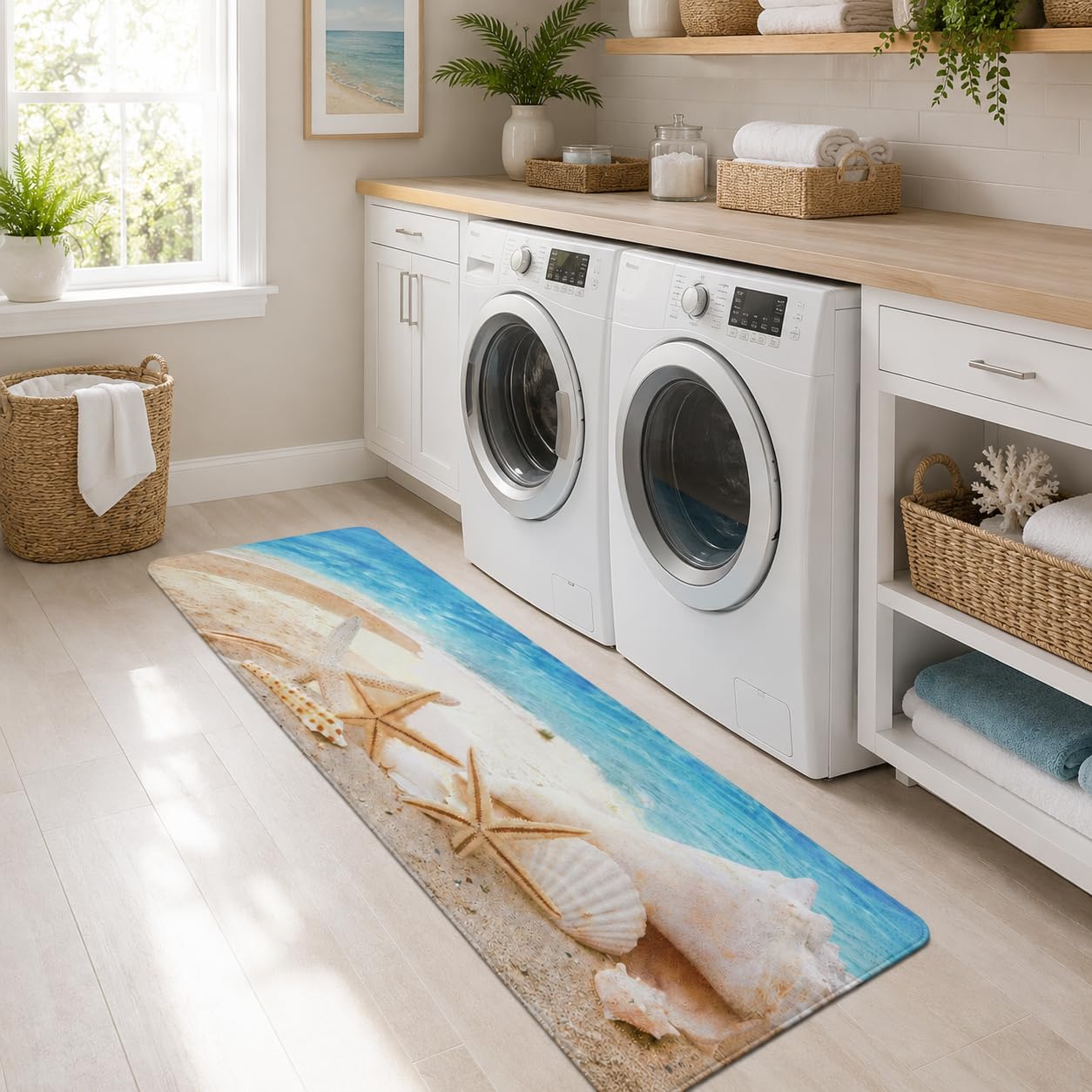 Creative House Life Beach Runner Rug 2x6 ft, Starfish Ocean Coastal Memory Foam Bath Runner, Non Slip Washable Mat for Bathroom, Hallway, Laundry or Kitchen