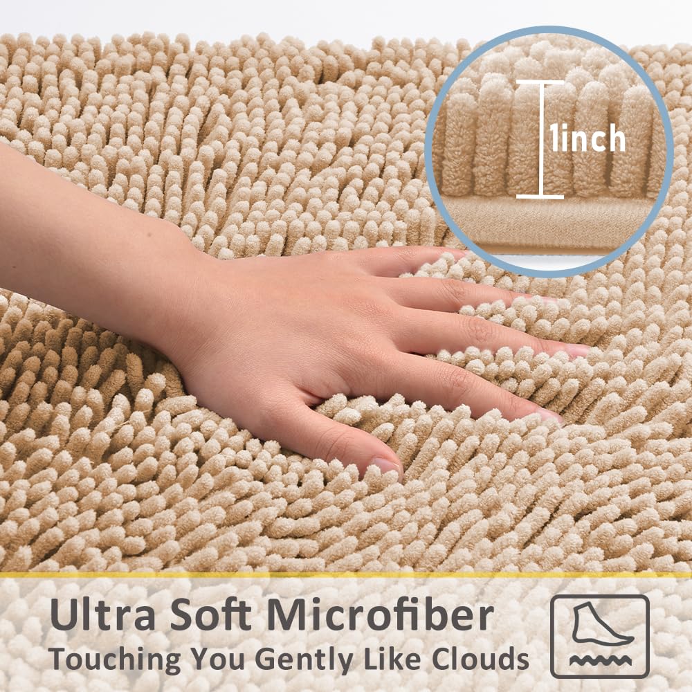 Bathroom Rugs Sets 3 Piece,Bath Mats for Bathroom Non Slip, Thick Chenille Bath Rug,Soft and Absorbent Shaggy Bathroom Mat Set, Machine Wash & Quick Dry Durable Carpet for Bath, Kitchen,Beige