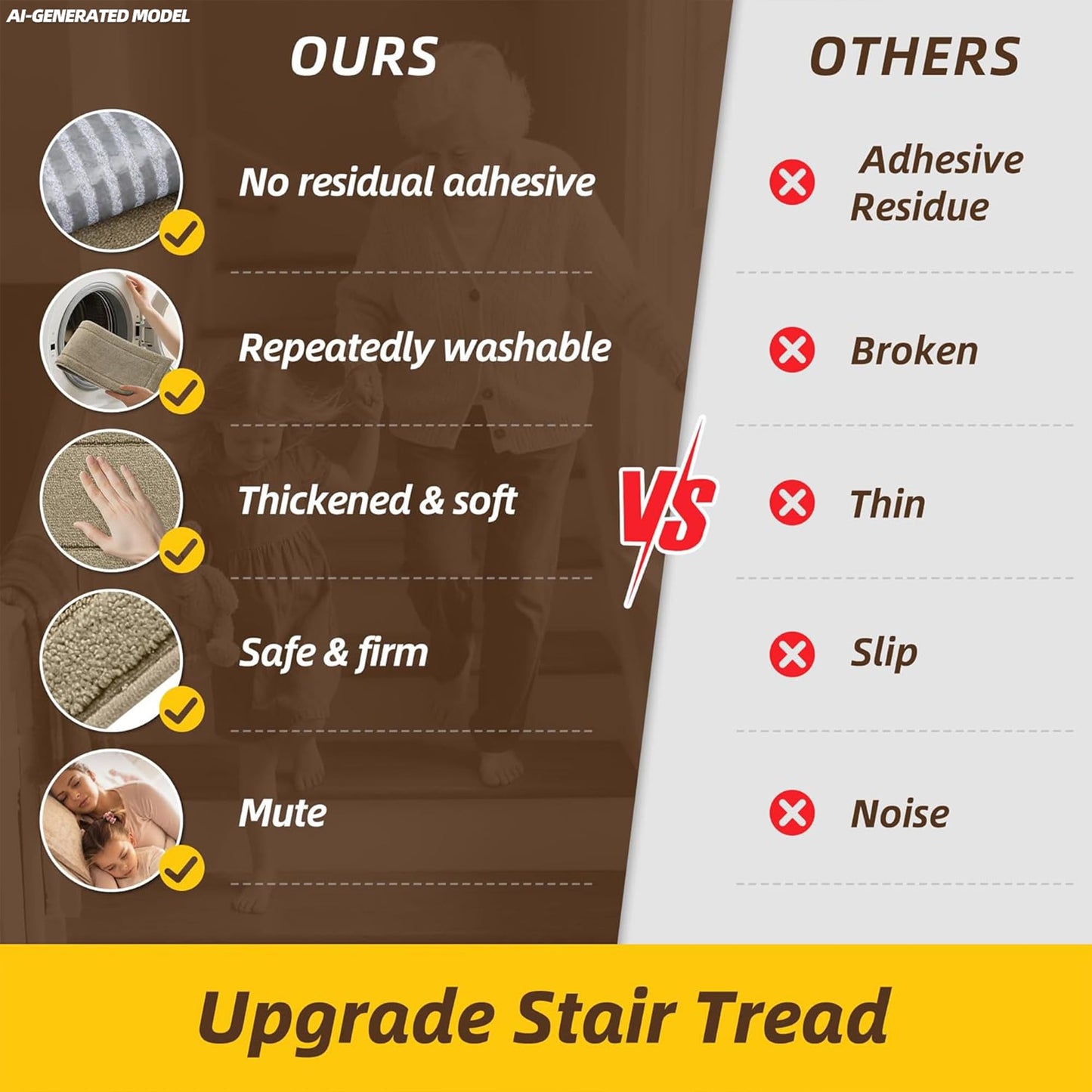 JSEI Stair Treads for Wooden Steps Indoor, 15-Pack Non Slip Stair Treads 30" x 8", Washable Polyester Stair Mats with TPE Backing, Low Profile Stair Rugs for Kids, Seniors and Dogs, Beige