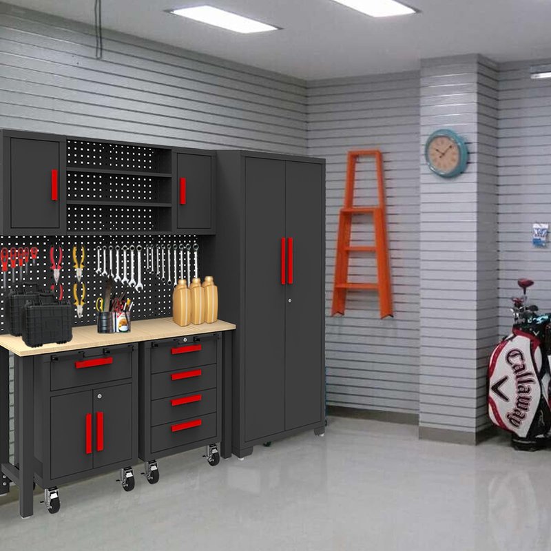 Torin Garage Storage Cabinets System, 6-Pcs Workshop Cabinet Set in Black, Included Steel Cabinets Drawers Rolling Chest and Pegboard,Locked Garage Storage Cabinet