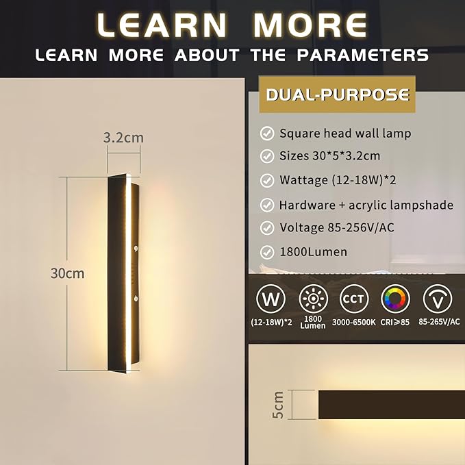 Mikeru 2 Pack Outdoor Wall Light,11.82 Inch 3 Color Wall Sconce（3000/4000/6000K） Front Porch Light, Ip65 Waterproof Black Exterior Wall Light, Exterior Wall Lights for House Courtyard Balcony Porch