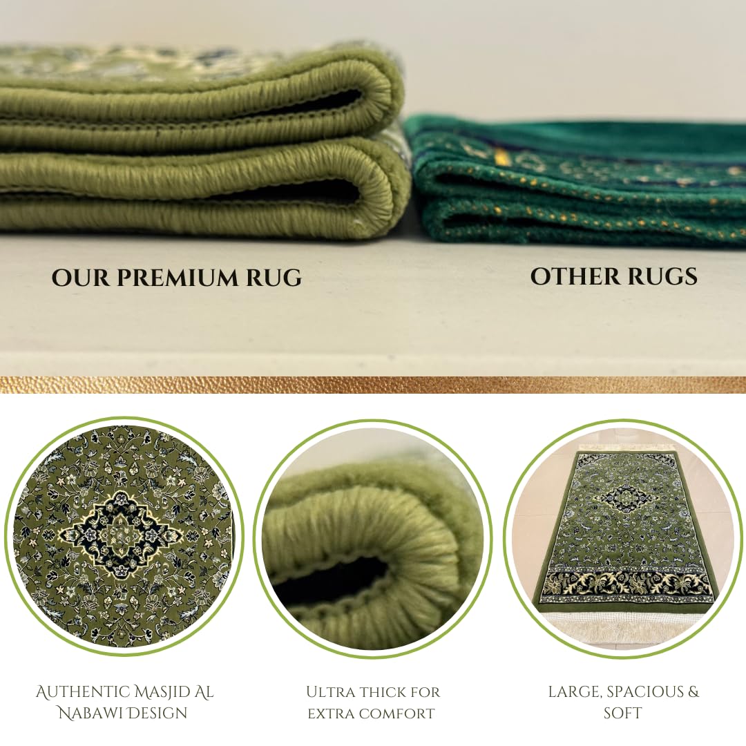 Premium Islamic Muslim Prayer Rug – Made in Madinah – 0.3 in Thick Soft Islamic Sajadah – Portable Prayer Mat for Men & Women – Eid, Ramadan, Hajj & Umrah Gift (Green)