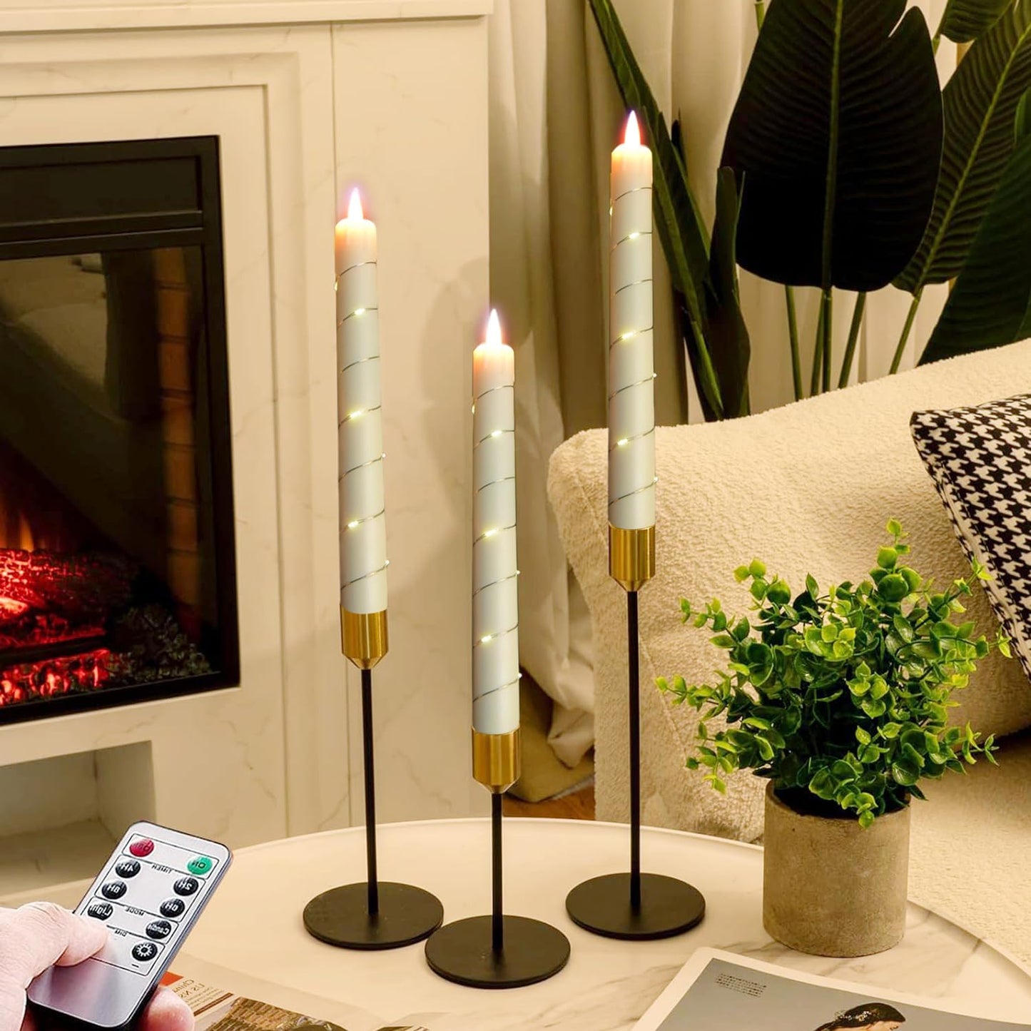 Flameless Cone Candle with Built-in Star String Light, 11-Button Remote Control, Timer, Battery Powered, Simulated Flame, 3-Pack Window Candle, Christmas Home & Wedding Decoration (Ivory)