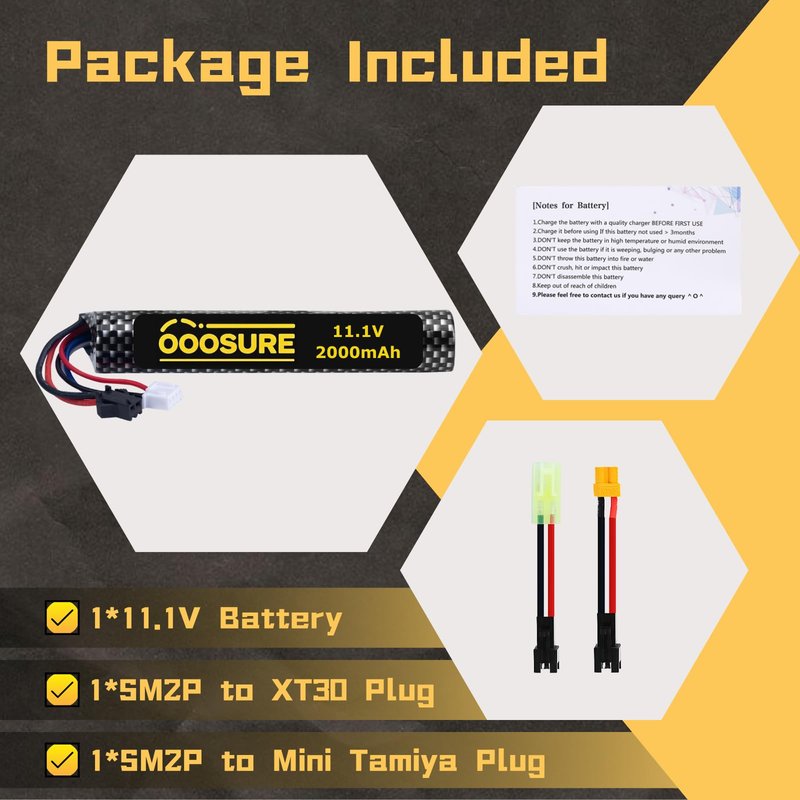 OooSure 2000mah 11.1V 3S Airsoft Battery with SM2P to XT30 / Mini Tamiya Switch Cable for RC Toy