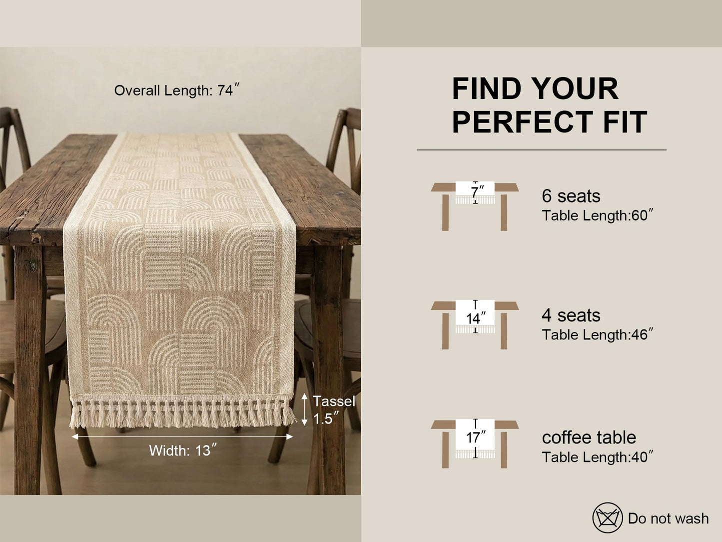 FEXIA Farmhouse Table Runner with Tassels 72 Inch Thick Woven Rustic Table Decoration, Pottery Barn Style Furniture Decor, Burlap Macrame Texture for Living Room Entryway, Beige (13x72 Inch)