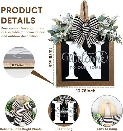 Ultra Large 14'' Last Name All Year Round Front Door Wreath with 26 Initial Letter Welcome Sign All Seasons Eucalyptus Garland and Bow Wreaths for Front Door Porch Farmhouse Decoration (N)