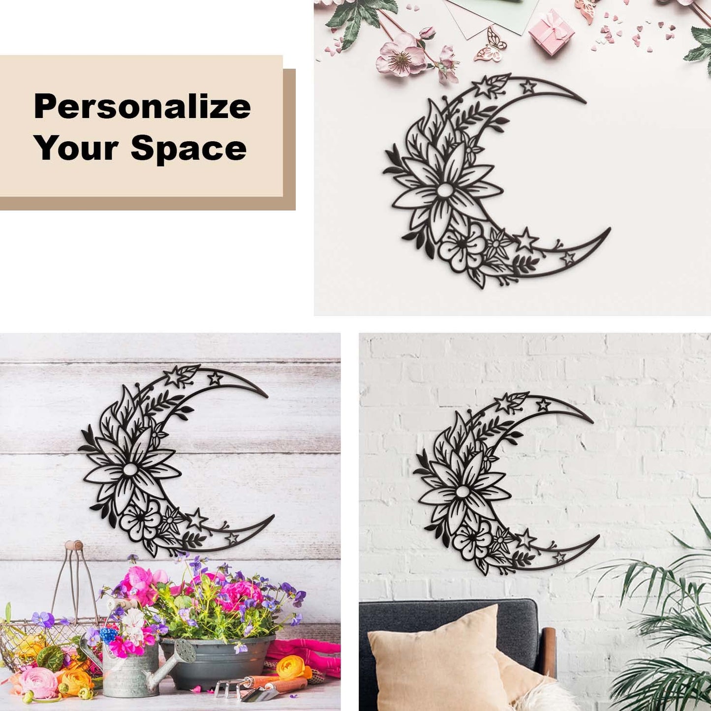 Vivegate Moon Metal Floral Art Decor - 14"X13.5" Black Boho Large Floral and Star Phase Wall Signs for Half Moon Flower Sculpture Hanging Wall Decor for Bedroom