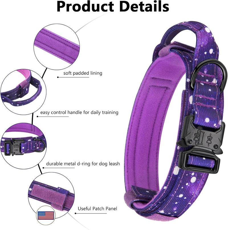 Tactical Dog Collar - Adjustable Military Nylon with Control Handle & Heavy Metal Buckle | Large Purple Sky