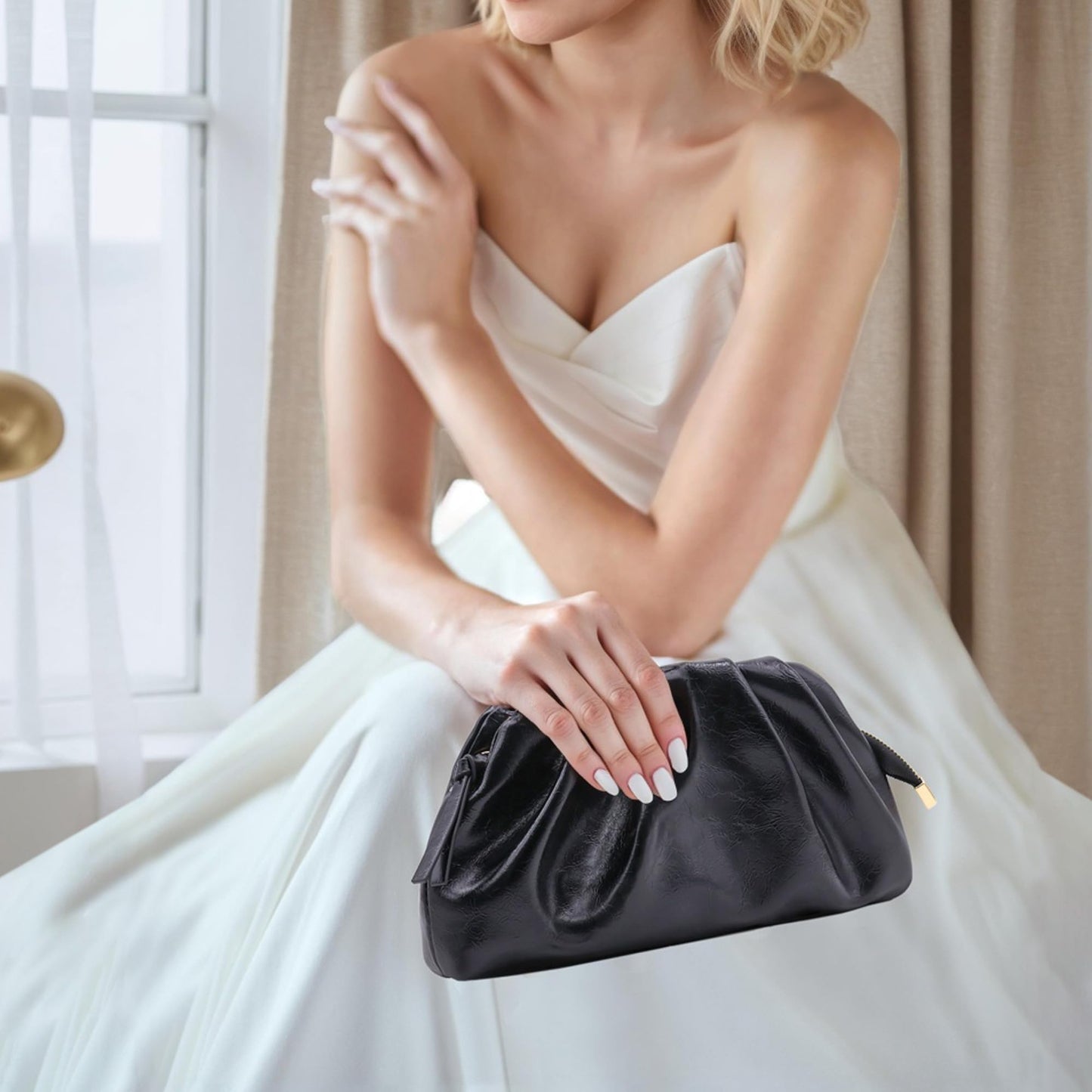 Milisente Clutch Purses for Women Shiny PU Leather Pleated Evening Clutch Bag With Shoulder Strap for Formal Wedding Prom (Black)