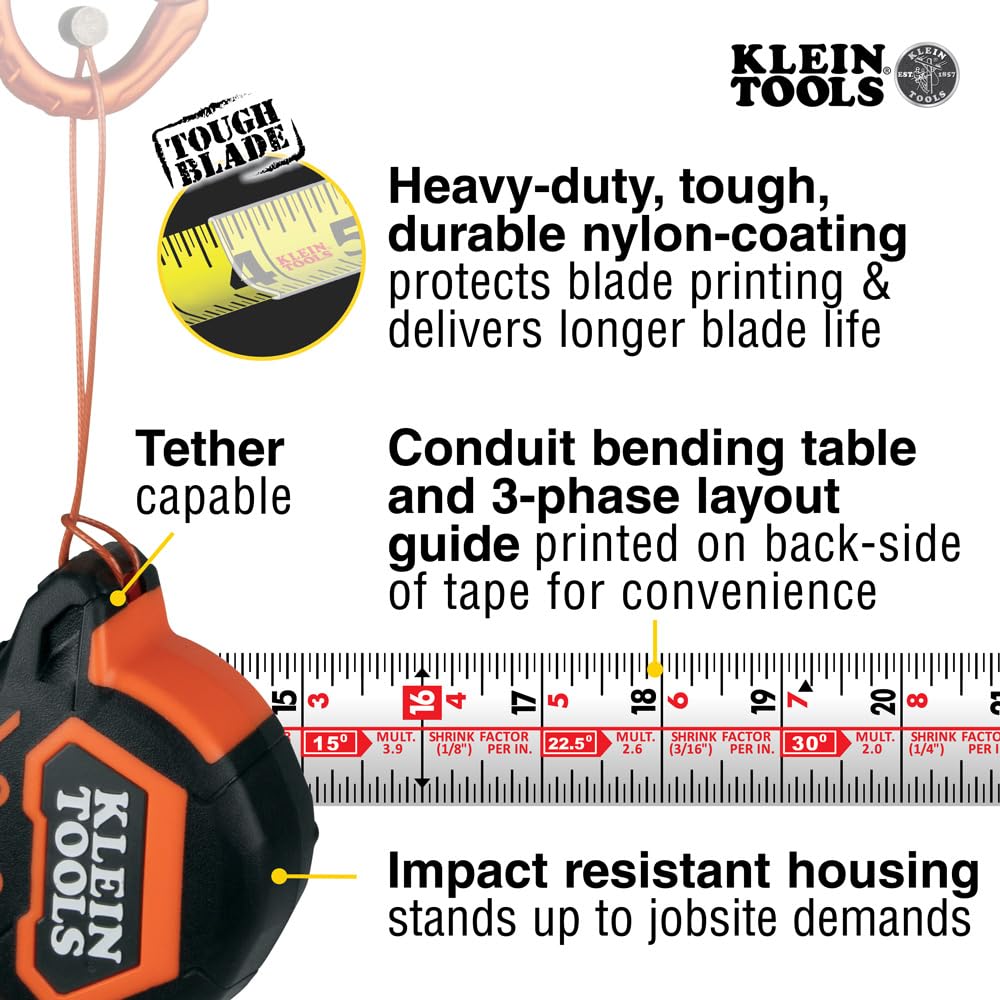 Klein Tools 9225 Tape Measure, Heavy-Duty Measuring Tape with 25-Foot Double-Hook Double-Sided Nylon Reinforced Blade, with Metal Belt Clip