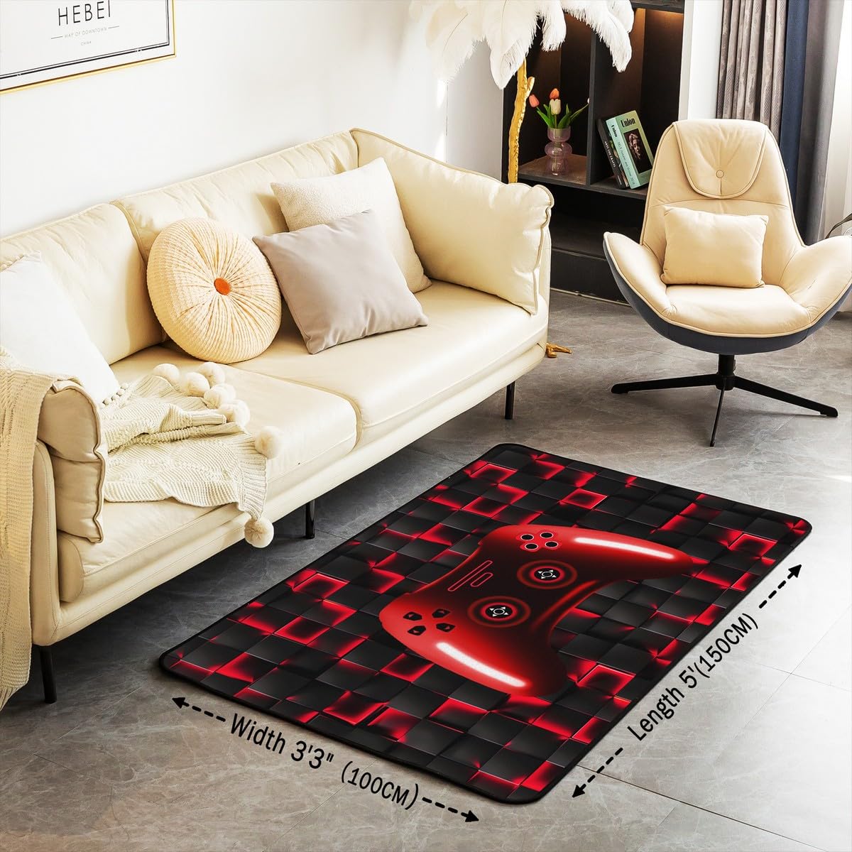 Erosebridal Gamer Non Slip Rug for Boys,Red Gaming Area Rug for Boys,Kids Neon Lights Gamepad Carpet,Ombre Gradient Glowing Checkered Indoor Floor Mat Grid Lattice Decor for Playroom Kitchen 3x5