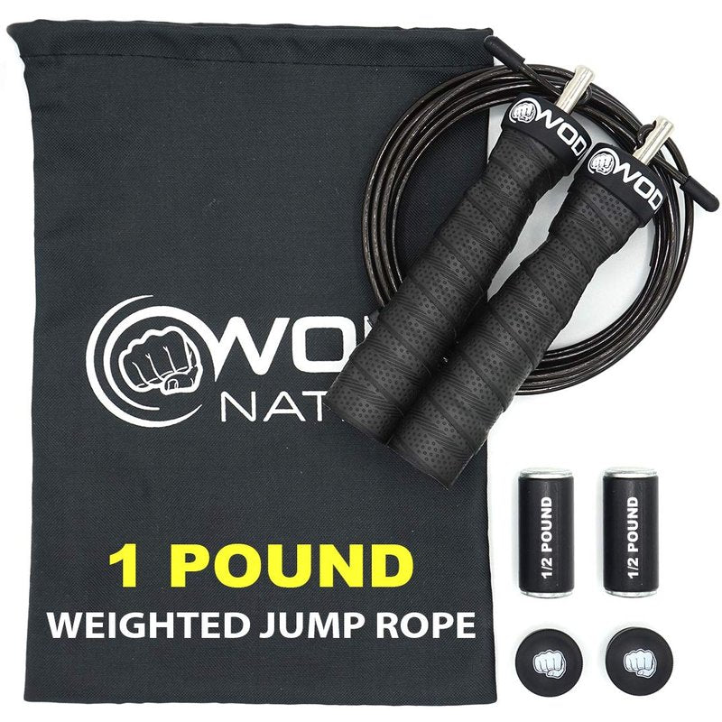WOD Nation Weighted Jump Rope with Removable Weights & Adjustable Handles - Dual PVC Cables for Speed Training Equipment - Boxing & Cardio Resistance Training - Black, PVC