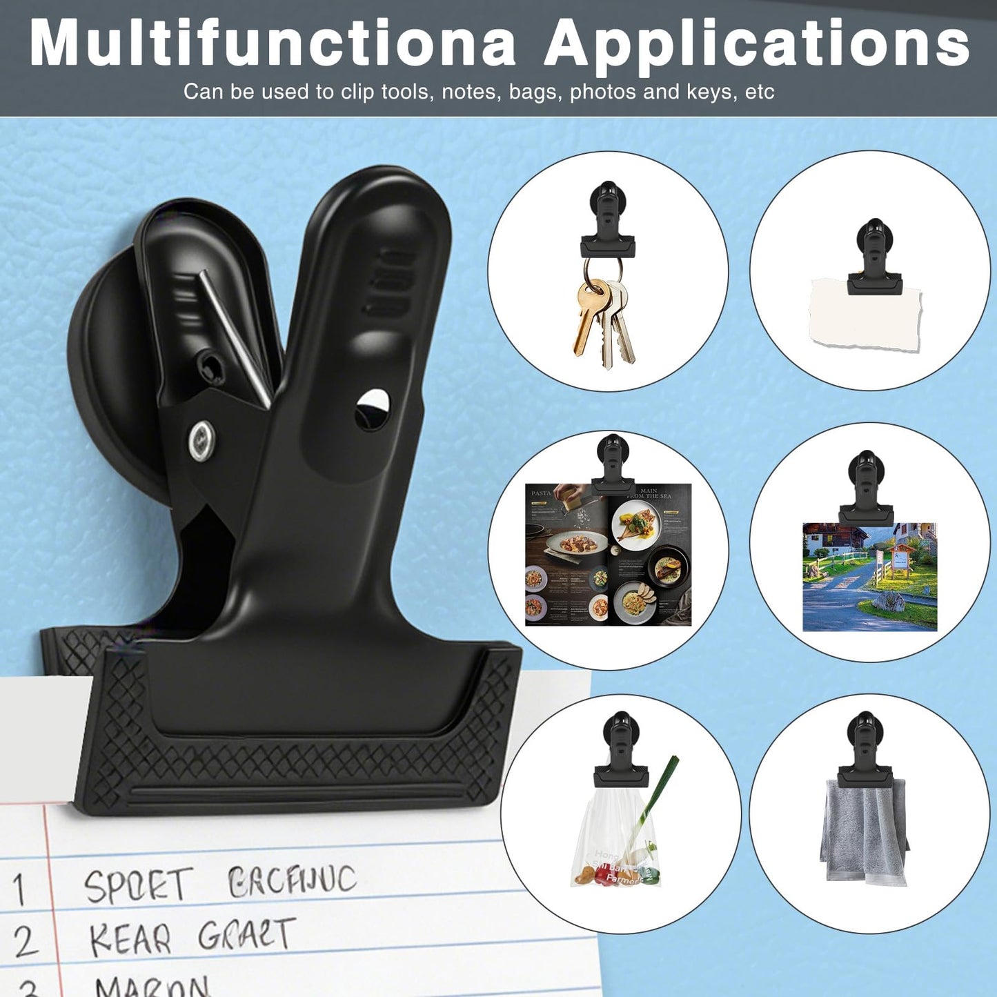 joaoxoko 3 Pack Heavy Duty Magnetic Clips 1.5 Inch Opening with Anti-Scratch Pads,Alloy Steel Rustproof Clip Securely Grip Tools, Flags, Blueprints for Home Office, Artist Studio (Black 3pcs)