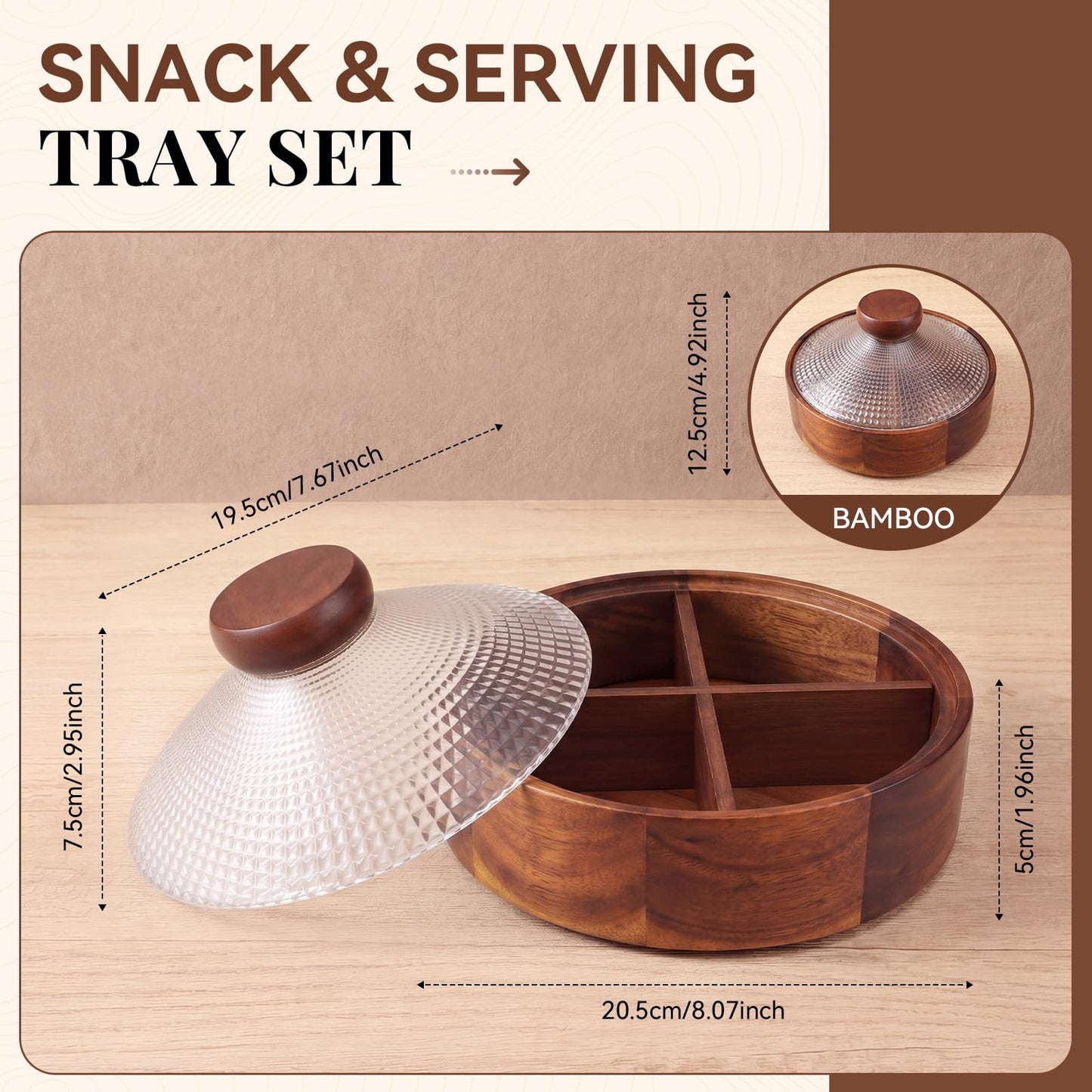 Blushtier Acacia Wood Snack Box with Glass Lid 8" Removable 4 Compartment Serving Tray Candy Nut Organizer Chip Dip Platter for Party Fruit Coffee Table Home Decoration Storage Box