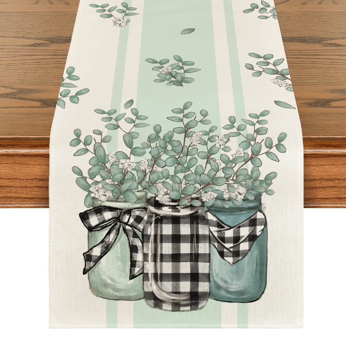 Artoid Mode Buffalo Plaid Eucalyptus Vases Summer Table Runner, Spring Kitchen Dining Table Decoration for Home Party Decor 13x72 Inch