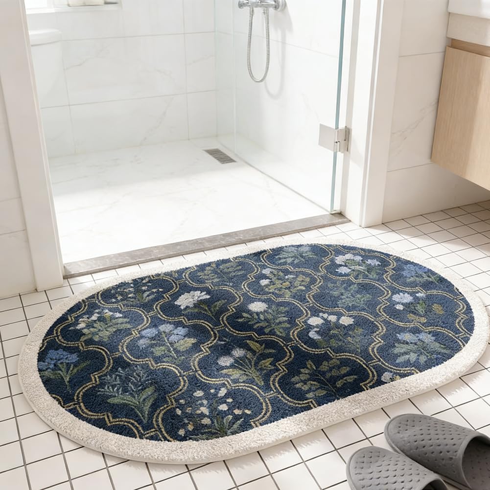 gdmgdr Spring Floral Bathroom Rug 32" x 20" Wild Flowers Bathroom Mat Boho Floral Bath Rug (Oval, Blue)
