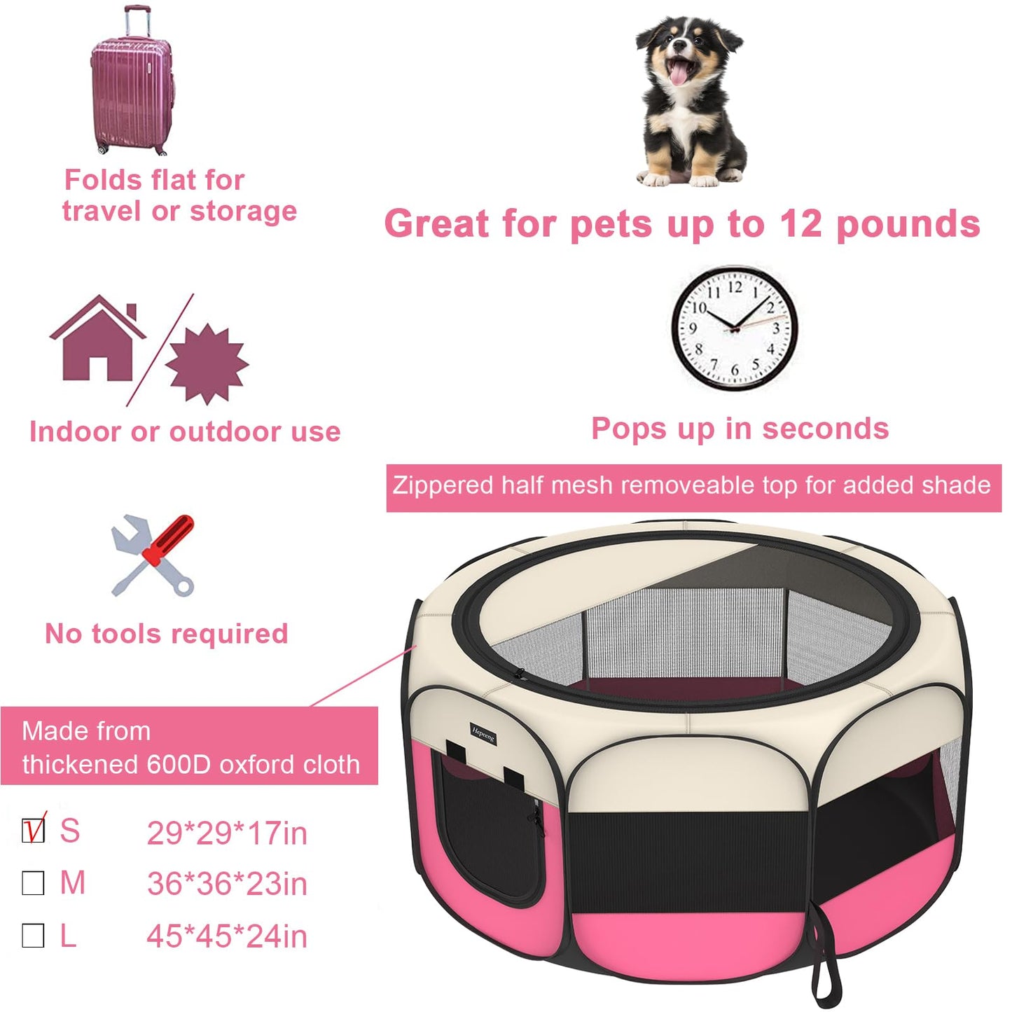 Portable Pet Playpen, 8-Panel Indoor/Outdoor Puppy Pen with Shade Cover & Travel Bag - Waterproof Dog Cat Tent Includes Collapsible Bowl