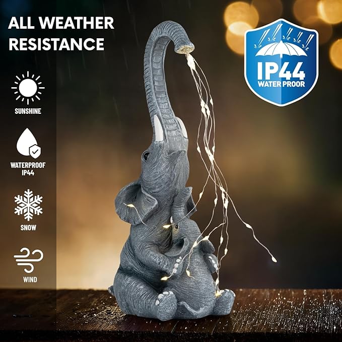 Elephant Statue with Solar Watering Lights, Outdoor Garden Decor for Patio, Yard, Lawn, Unique Gifts for Women, Mom – Resin Elephant Sculpture (Grey Two Elephants)