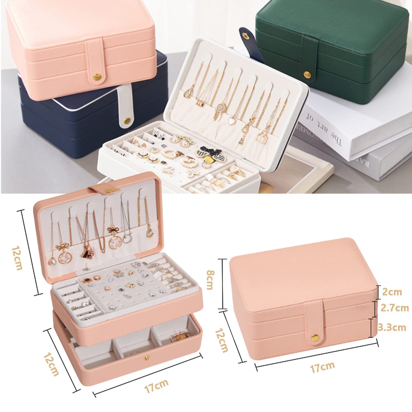 KOOAAICCHI Small Jewelry Box, Travel Jewelry Organizer, Portable Jewelry boxes for Women Girls Gift, Double Layers PU Leather Jewelry Holder for Rings, Earrings, Necklaces-Pink